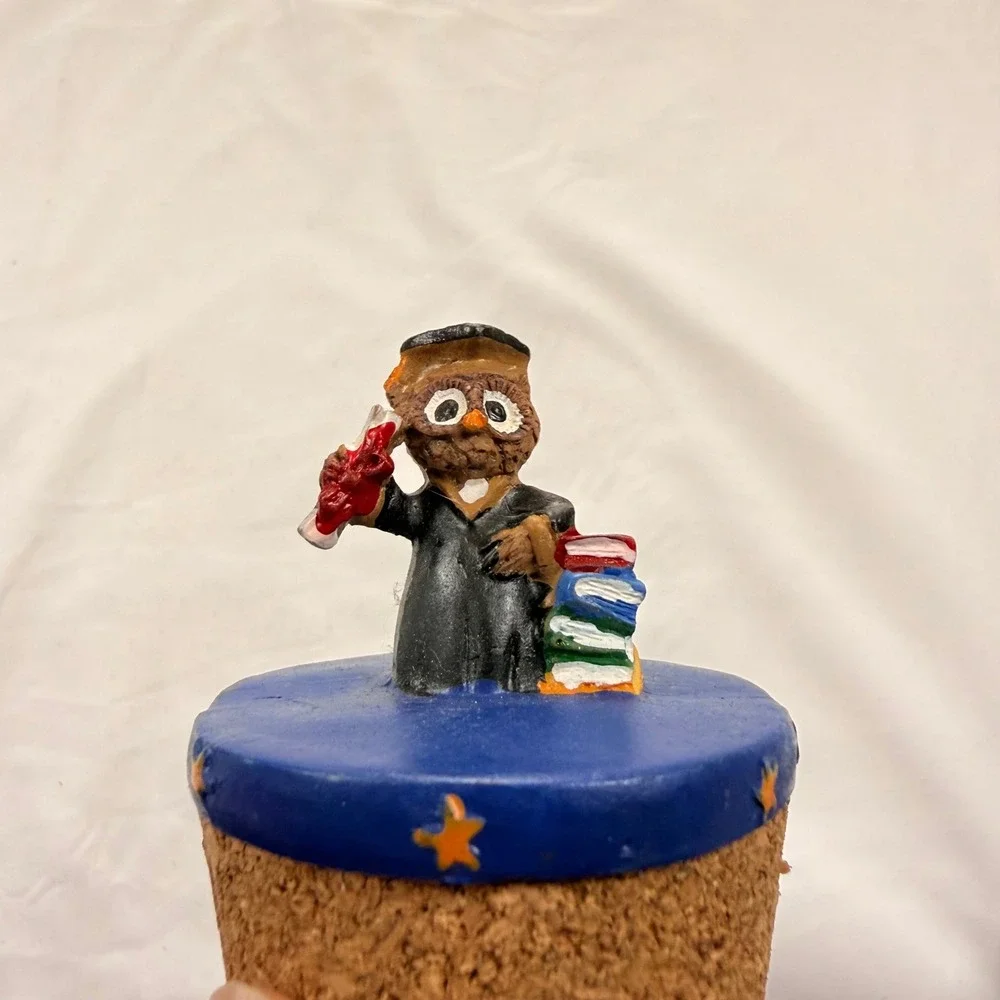 Vintage Graduation Owl Bottle Stopper Hand Painted Scholar with Books and Cork
